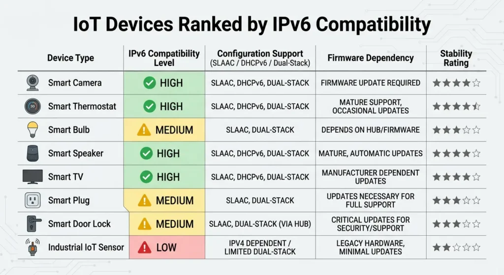 oT device IPv6 compatibility ranking showing which smart home devices are most affected by IPv6 issues