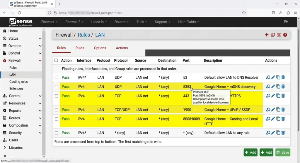 pfSense firewall rules configuration showing required ports for Google Home integration