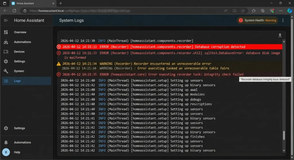 recover corrupted Home Assistant database