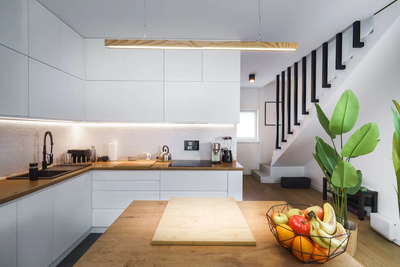 Modern kitchen counter with connected smart devices